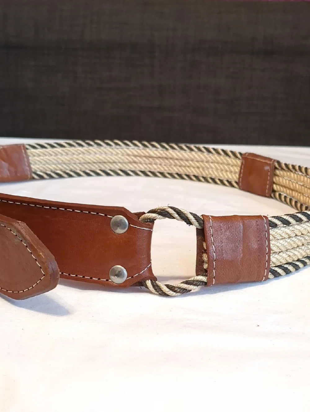 Western Brown Leather -Tan braided Woven Rope Cord Stitched Rodeo Cowboy Belt